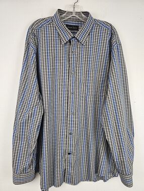 Kenneth Roberts Platinum Button Front Shirt Blue Check Spread Collar Sz XXL